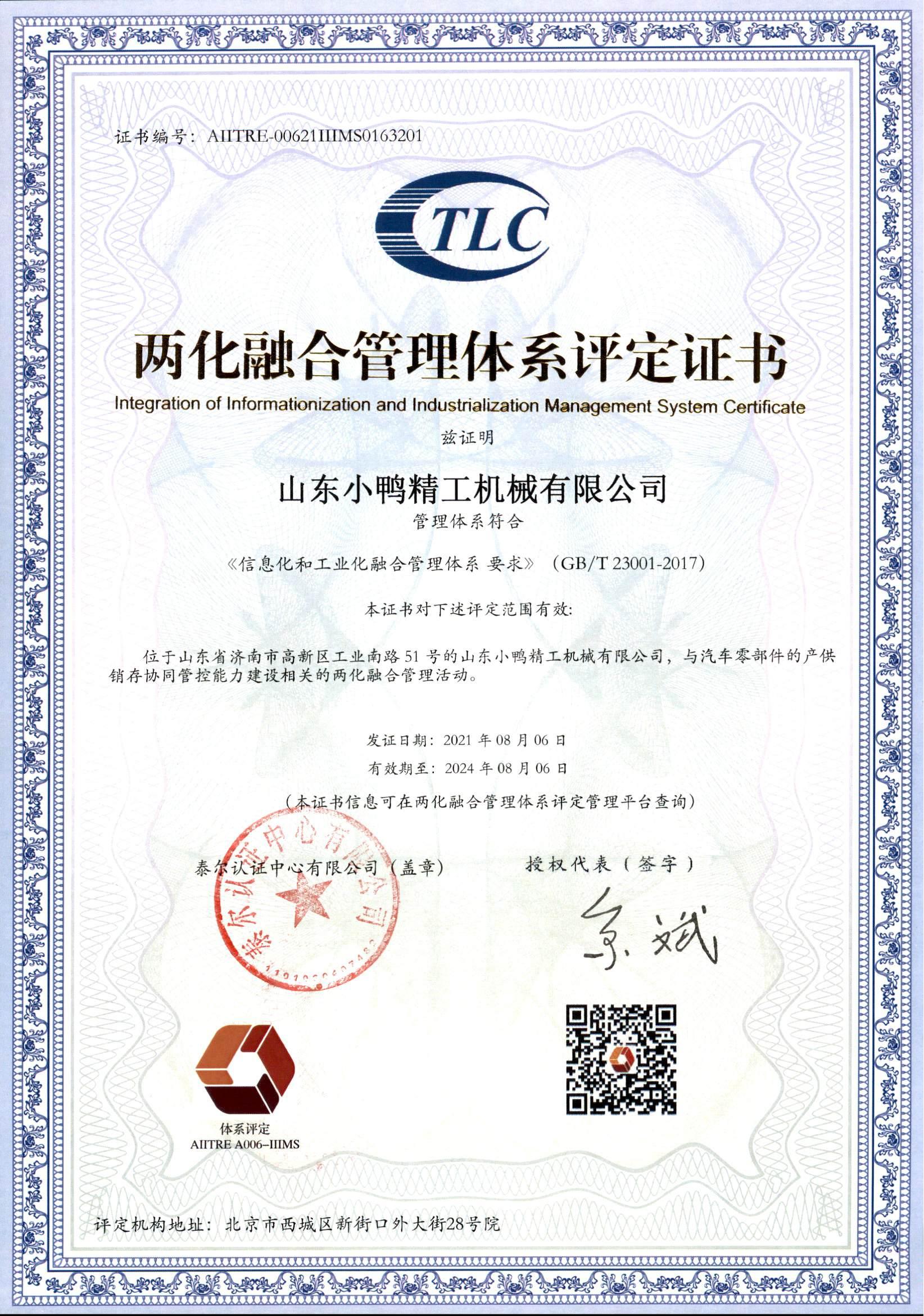 山东小鸭精工机械有限公司两化融合鉴定书_00.jpg